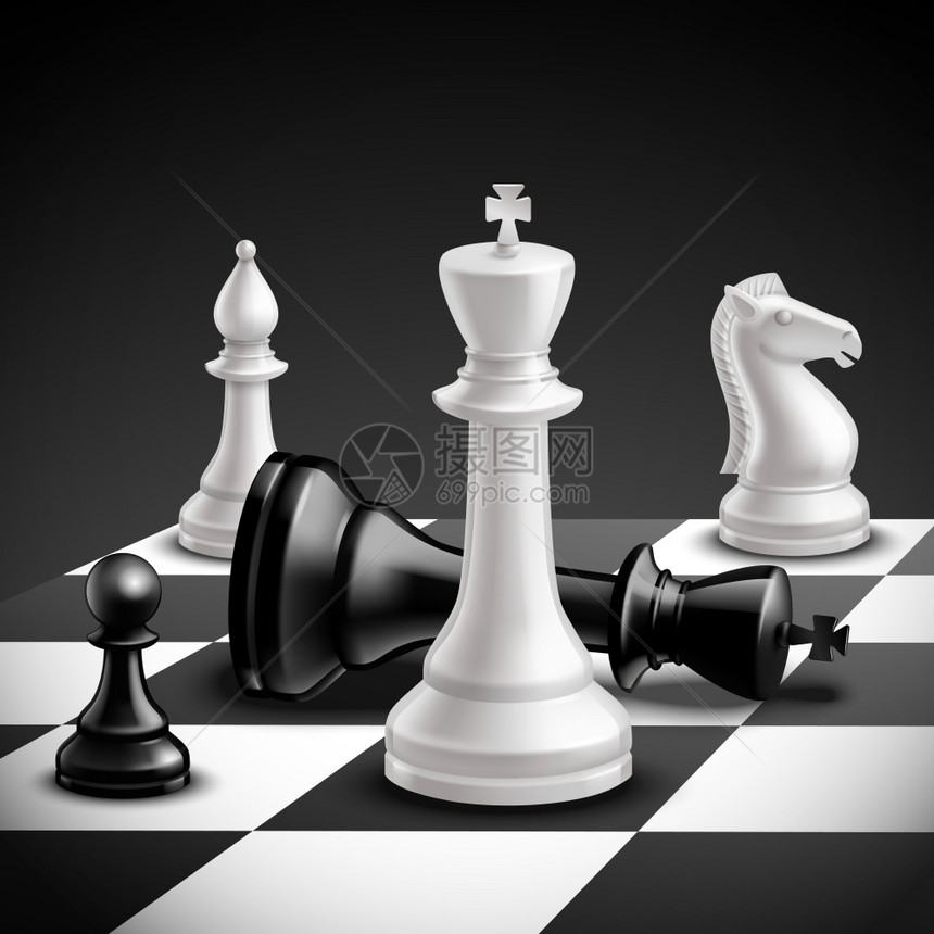 国际象棋游戏与现实板黑白棋子矢量插图象棋游戏现实图片