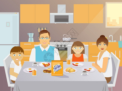 漂亮的父亲母亲儿子女儿家室内吃早餐,厨房平矢量插图家庭早餐公寓图片