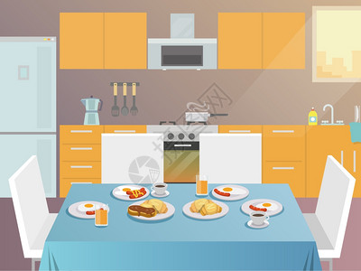 厨房早餐桌子上早餐食物饮料的平矢量插图早餐桌平插画
