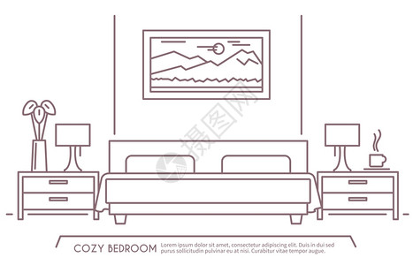 家具宣传单家庭酒店卧室内部与舒适的家具轮廓矢量插图卧室家具轮廓插画