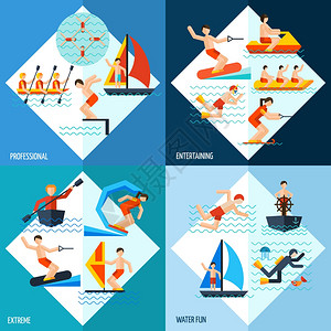 水运动与极端乐趣专业娱乐活动平图标孤立矢量插图水上运动套装图片