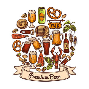 高级啤酒草图与水壶,开罐器,瓶盖,小吃,坚果,小龙虾虾矢量插图优质啤酒图片