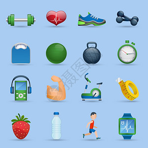 健身运动健康卡通图标阴影蓝色背景孤立矢量插图健身图标图片