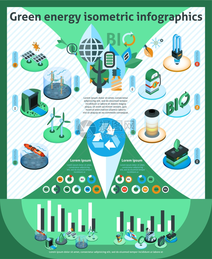 绿色能源信息集与生态环境等距符号图表矢量插图绿色能量等距信息图图片
