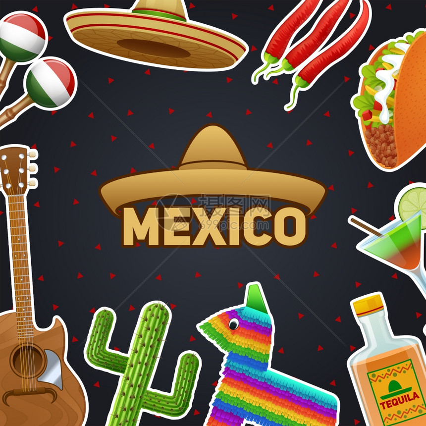 墨西哥符号松边帽辣椒塔科龙舌兰海报矢量插图墨西哥符号插图图片