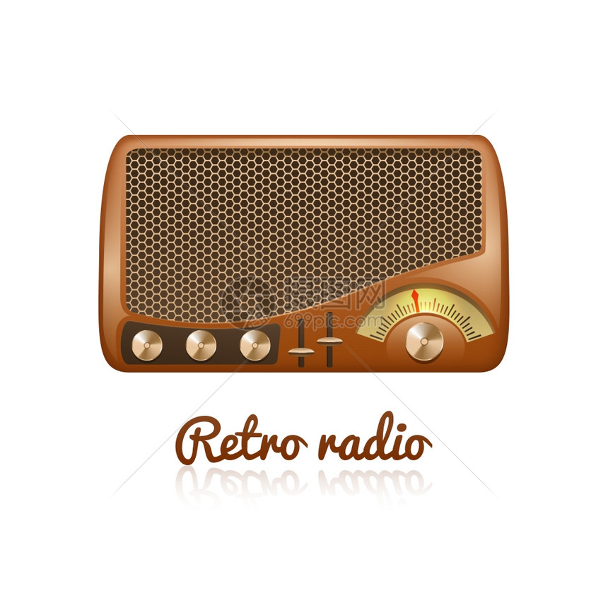 棕色复古经典收音机与扬声器声音调谐器隔离白色背景矢量插图复古收音机插图图片