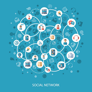 社交网络通信连接人们线的蓝色背景平矢量插图社交网络传播符号高清图片素材