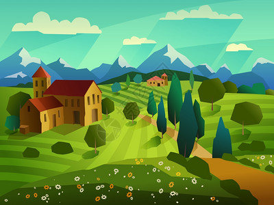 夏季景观与房子草甸与花木山脉的背景矢量插图夏季景观背景图片