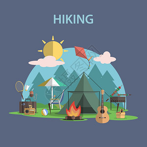徒步旅行户外娱乐活动与平露营旅游图标矢量插图徒步旅行平图片