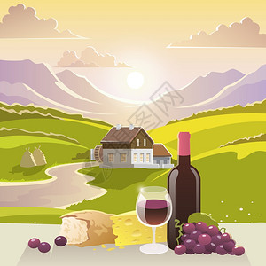 菲律宾面包山葡萄酒奶酪包与山景乡村房子的背景矢量插图山上葡萄酒奶酪插画
