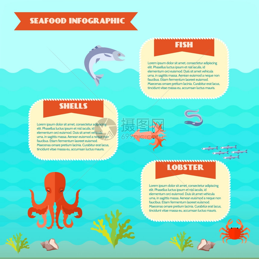海洋食品信息集鱼龙虾水下背景矢量插图海洋食物信息图表图片