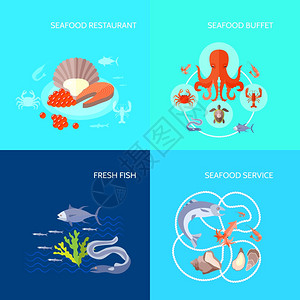 烤鱿鱼海鲜图标扁平海鲜理念集新鲜鱼类自助餐餐厅平图标孤立矢量插图插画
