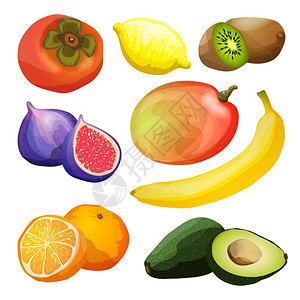 异国水果装饰图标与鳄梨猕猴桃柠檬芒果香蕉孤立矢量插图异国水果套装图片