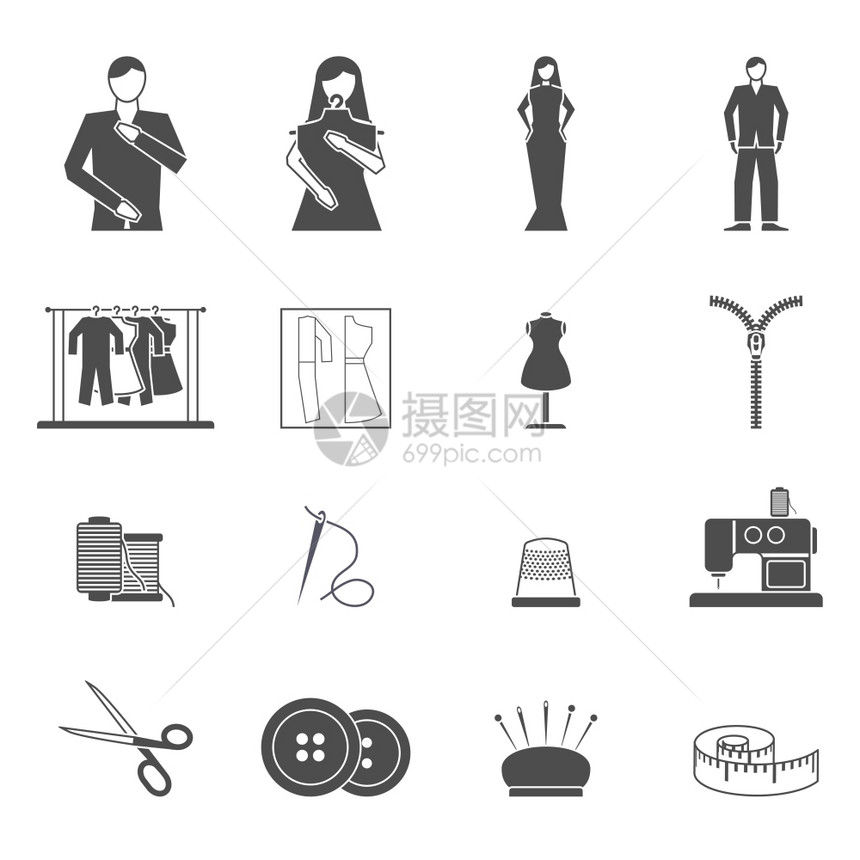 黑白服装时装师工具材料平图标矢量插图时装师工具图标图片