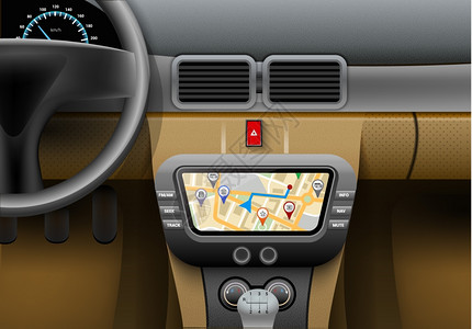  汽车仪表板汽车内部与自动导航系统GPS矢量插图汽车导航系统插画