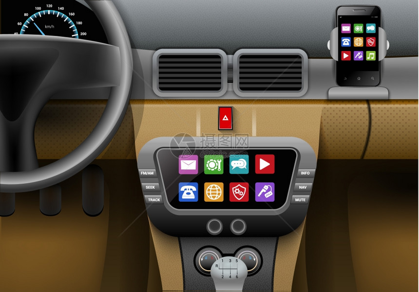 真实的汽车内部与汽车多媒体系统智能手机矢量插图汽车多媒体系统图片