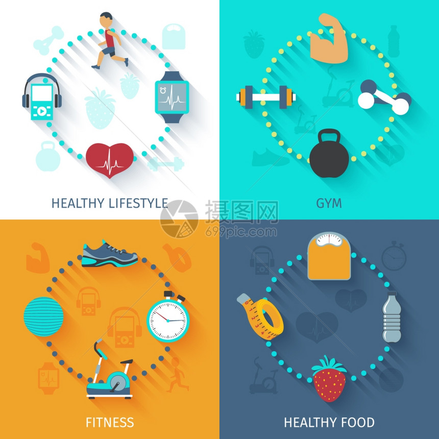 健康生活方式健身健身房饮食惯4平图标成方形横幅抽象孤立矢量插图健身4平图标方形横幅图片