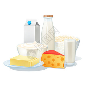 酸奶奶酪新鲜机牛奶产品奶酪黄油矢量插图牛奶制品套装插画