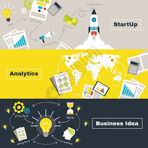 业务项目与思想分析启动水平横幅平孤立矢量插图业务项目横向横幅箭头高清图片素材