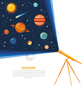 望远镜与太阳系彗星恒星海报平矢量插图望远镜太阳系海报图片