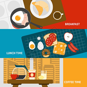 早餐横幅早餐午餐咖啡时间水平横幅平孤立矢量插图图片