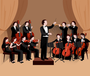 杜洛交响乐队与指挥小提琴大提琴小号音乐家平矢量插图交响乐队扁平插画
