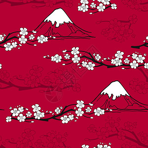 日本无缝图案与樱花富士山矢量插图日本花卉图案图片