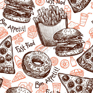快餐无缝图案与手绘薯条,比萨饼甜甜圈矢量插图快餐无缝图案图片