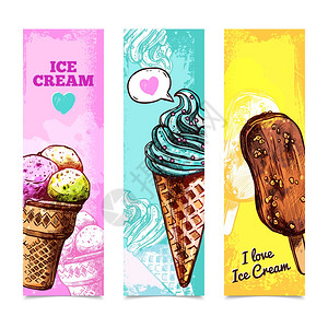 书签素材可爱甜冰淇淋垂直横幅手绘集孤立矢量插图可爱的横幅套插画