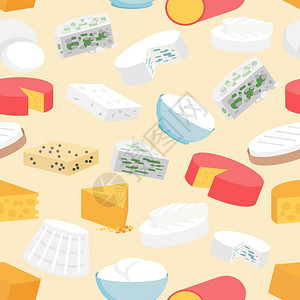 拉古纳奶酪品种扁平无缝图案与切达马扎雷拉古达卡门伯特矢量插图奶酪无缝图案插画
