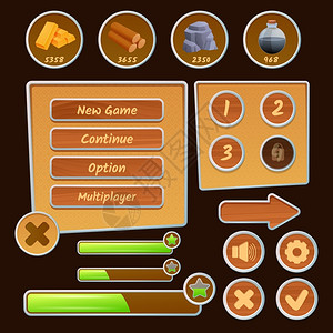 资源图标菜单元素的策略游戏棕色背景孤立矢量插图游戏的资源图标图片