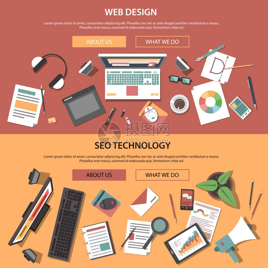 网页水平横幅与SEO技术平元素隔离矢量插图网络水平横幅图片