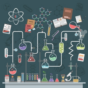 科学实验室与平板瓶物理符号矢量插图科学扁平化背景图片