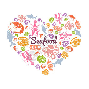 心形盘喜爱海鲜与鱼类海洋动物心形矢量插图喜欢海鲜的插画