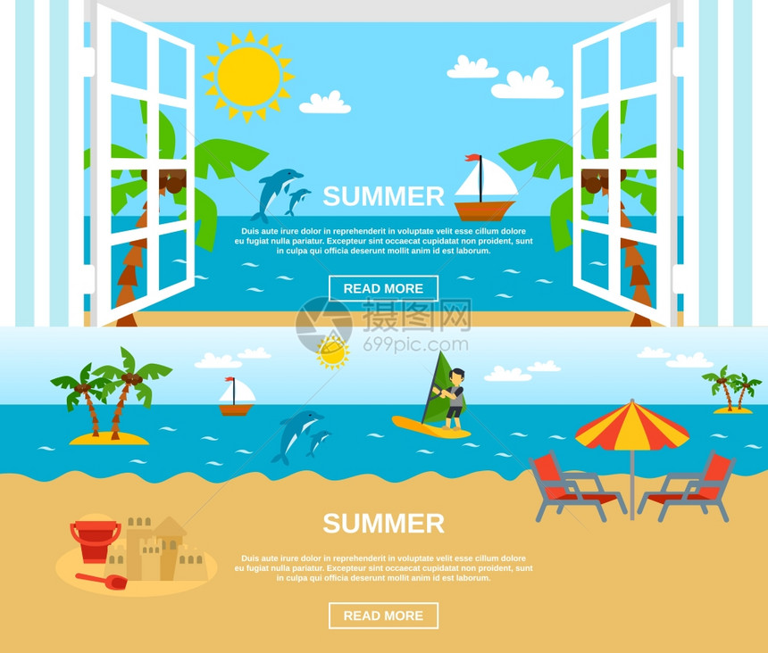 夏季海滩横幅夏季海滩水平横幅海窗冲浪手掌平孤立矢量插图图片