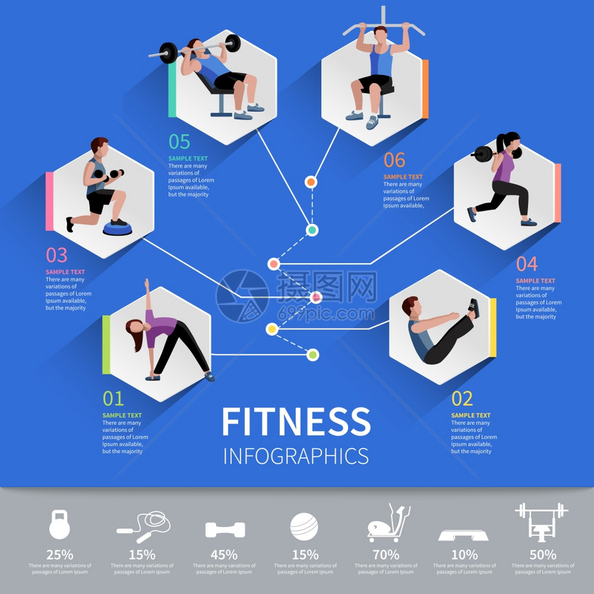 健身者信息图表展示健身氧肌肉力量发展计划六边形象形图信息布局抽象孤立矢量插图图片
