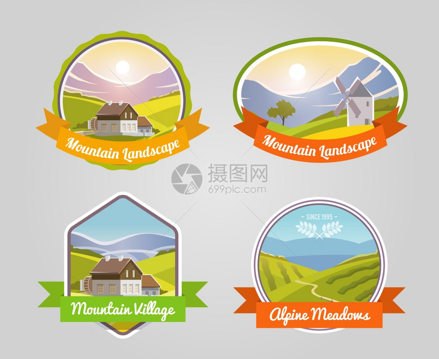 高山景观标签与高山草地村庄符号矢量插图山区景观标签图片