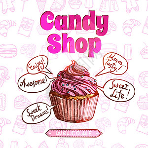 糖果店海报与手绘纸杯蛋糕糖果背景矢量插图糖果店海报图片