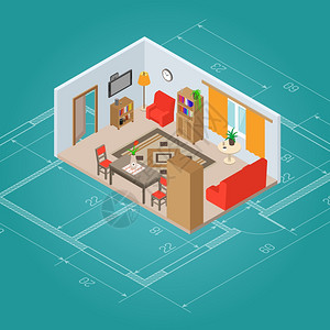 商务公寓等距客厅室内平图与三维家具矢量插图等距客厅内部插画