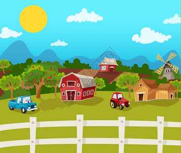 墙纸场景农场卡通背景与苹果园乡村景观矢量插图农场卡通背景插画
