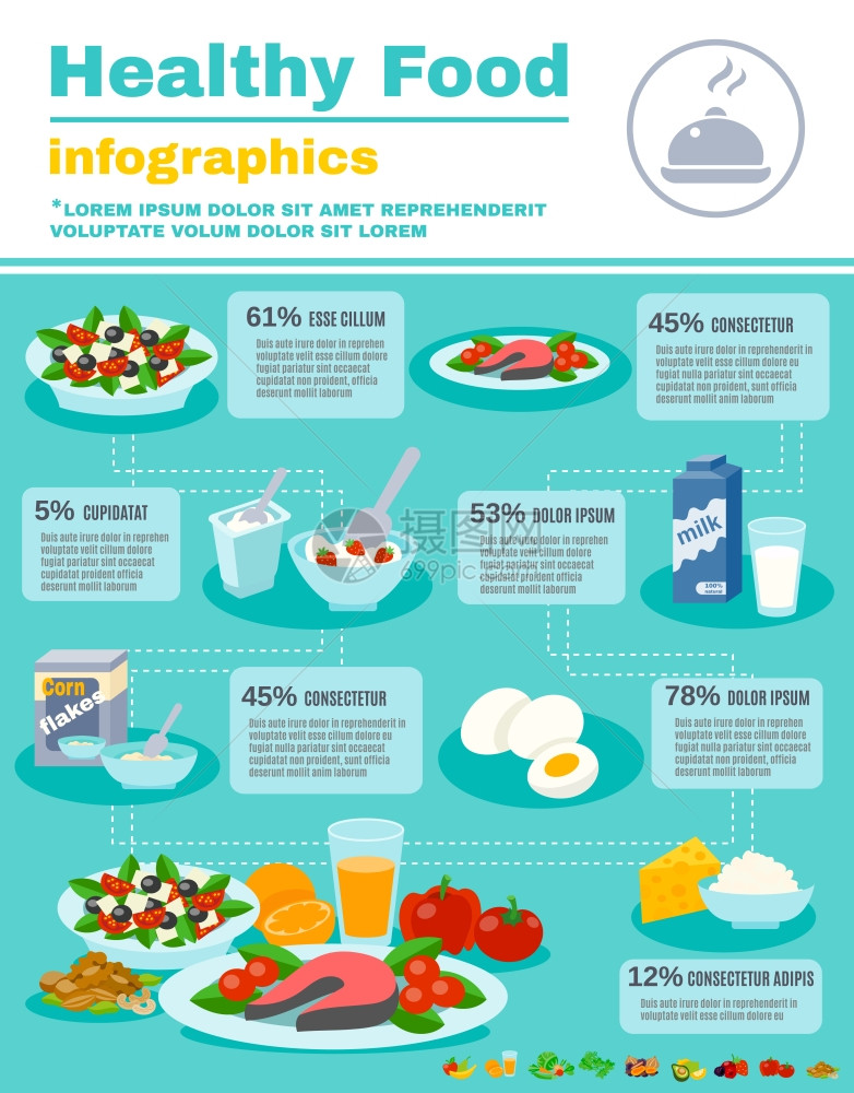 健康食品信息图集与自然机营养元素矢量插图健康食品信息图表图片
