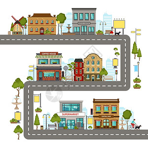 城市街道与同的建筑景观元素矢量图城市街道插图图片