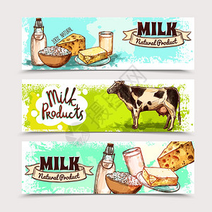 牛奶产品水平横幅草图,乳制品奶牛分离矢量插图牛奶产品横幅套图片