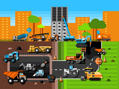 建筑机械成建筑机械行业成与挖掘机重机采矿城市平矢量图图片