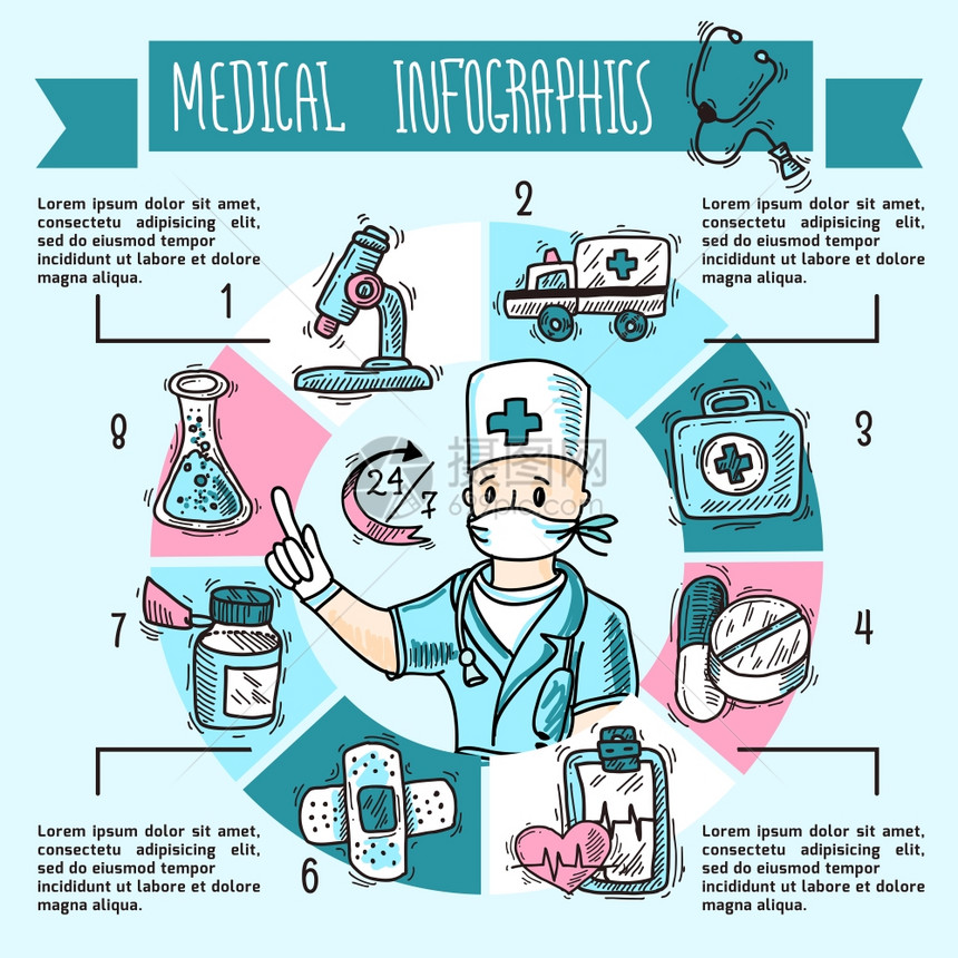 医学信息图表草图医疗信息草图集与医生图表医疗要素矢量插图图片