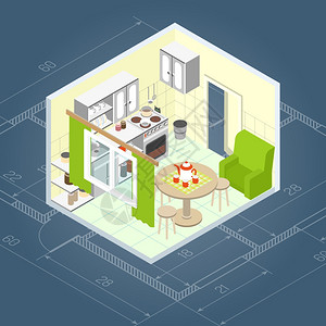 厨房内部等距与三维家庭家具图标矢量插图厨房内部等距图片
