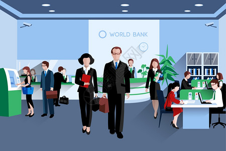 办理业务人客户员工银行内部平矢量插图银行里的人插画