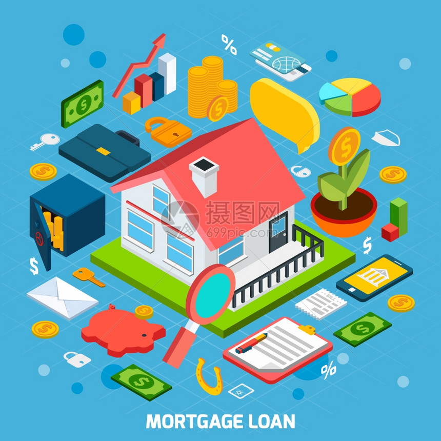 抵押贷款与等距房屋银行图标矢量插图抵押贷款图片