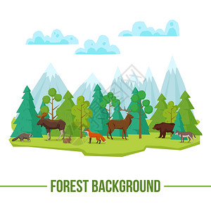 伍兹月森林景观海报与野生动物山脉的背景矢量插图森林动物的背景插画