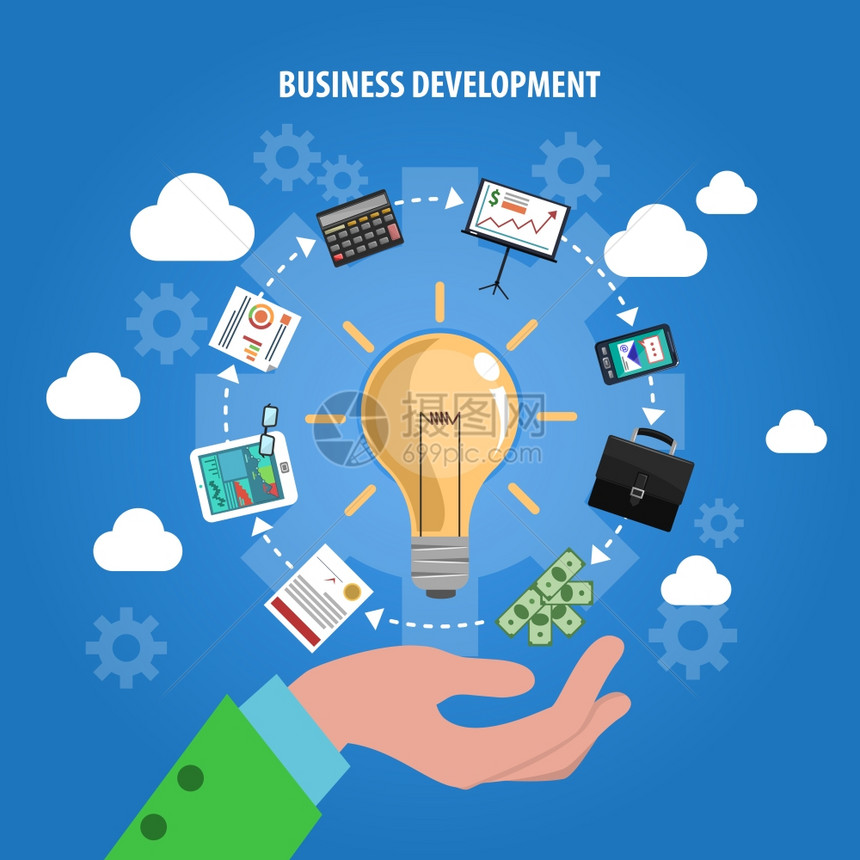 商业发展与人的手思想符号平矢量插图企业发展理念图片